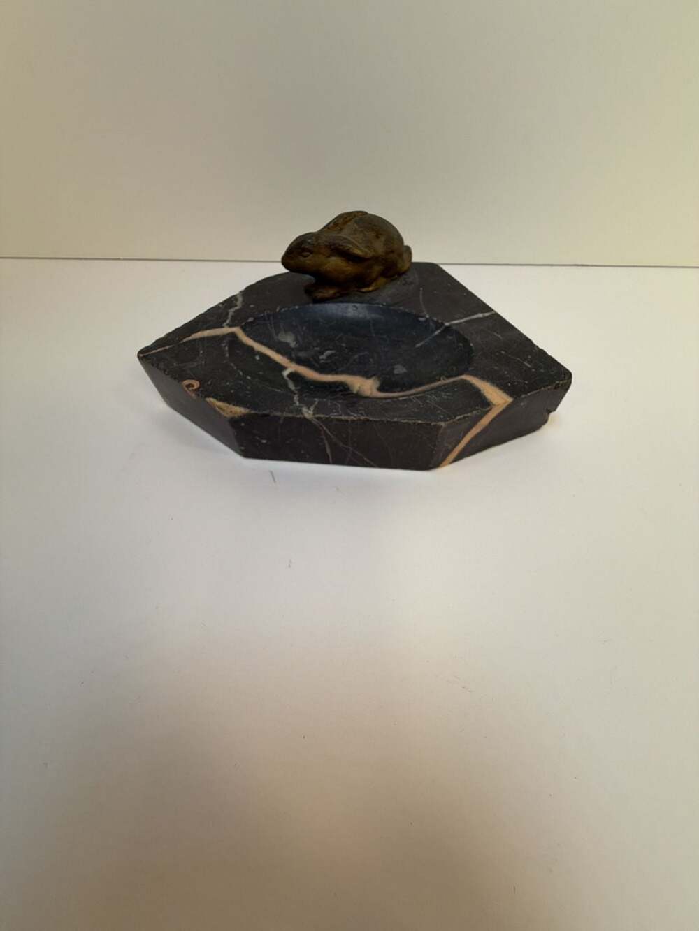 Vintage Art Deco Bronze Rabbit Portor Marble Trinket Dish Ashtray